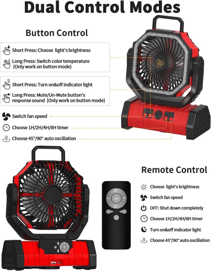 Adust Camping Portable Battery Operated Powered Fan with LED Lantern Light 20000mAh Rechargeable, Oscillating Fan with 360° Rotation Hanging Hook for Tents, Cordless USB Desk Fan(Red) - Image 5